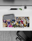 28x12 inches anime mouse pad in warm wood tones and bright hair colors, bustling and playful dinner vibe.