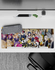 Anime mouse pad 32x12 inches in warm wood tones, bright hair colors, lively cafeteria-style mood.