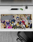 Anime mouse pad 32x16 inches in warm wood tones, bright hair colors, and lively cafeteria chatter vibe.