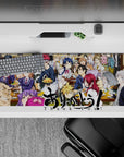 Colorful anime desk pad 36x16 inches with warm wood tones, bright hair, and lively cafeteria energy.