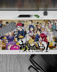 Warm wood tones and bright hair colors, lively cafeteria vibe anime desk pad, 40x20 inches.