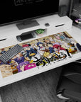 Soma Yukihira in headband and apron holding a tray, classmates grabbing bites, 40x20 inches.