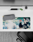 Pastel anime girl mouse pad 28x12 inches in soft greens and sky whites, warm watercolor calm mood.