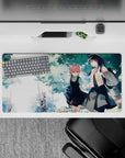 Pastel watercolor anime girl mouse pad 32x16 inches, soft sky whites and warm calm mood for desk setup.