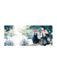 Anime girl mouse pad 28x12 inches with two schoolgirls walking under green trees, crisp line art.