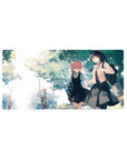 Anime girl mouse pad 32x16 inches with two schoolgirls walking under leafy trees, pastel slice-of-life art.