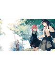 Anime girl desk pad 40x20 inches with two schoolgirls walking under leafy trees, pastel slice-of-life art.