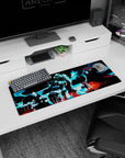 Small but impactful 32x12 desk pad showcases anime-inspired heroism with striking blue-and-black contrasts and commanding elegance
