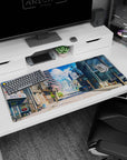 Artistic 36x16 inches desk pad featuring Tokyo Daybreak, blending modern city life with traditional architecture in soft morning light.