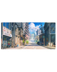 Mouse pad featuring Tokyo Daybreak, 32x16 inches, with a peaceful Tokyo street bathed in soft light, blending traditional and modern urban elements.