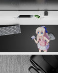 36x16 inches pastel kawaii desk pad in soft pink, white frills, blue ribbon, cozy summer vibe.