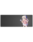 Anime girl mouse pad 32x12 inches with silver-haired, blue-eyed girl in pink top and frilly skirt.
