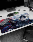 Large 40x20 inches desk pad featuring Jeanne d'Arc Alter from Fate/Grand Order, with her blazing sword and glowing eyes, exuding unstoppable power.