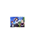 Classic anime girl mouse pad 14x10 inches with three schoolgirls, palm trees, and drifting green leaves.
