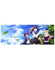32x12 inches anime girl mouse pad with three schoolgirls, palm trees, and drifting green leaves.