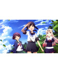 Anime girl desk pad 40x20 inches with three schoolgirls under palm trees and drifting green leaves.