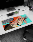 Modern 32x16 inches mouse pad featuring Zero Two design, with bold neon colors, a fierce oni mask, and rebellious piercings for an edgy anime effect.