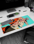 Artistic 36x16 inches mouse pad featuring Zero Two design, with punk-inspired style, oni mask, and neon-infused colors for a bold, edgy aesthetic.