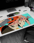 Large 40x20 inches mouse pad featuring Zero Two design, with a fierce oni mask, piercings, and neon-infused style for a bold, rebellious anime aesthetic.