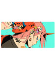 Mouse pad featuring Zero Two design, 32x16 inches, with punk-inspired, neon-infused style, featuring a fierce oni mask and bold piercings for energy.
