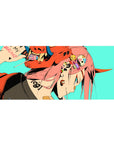 Mouse pad featuring Zero Two design, 36x16 inches, with a punk-inspired look, featuring oni mask and piercings for a fierce, edgy anime effect.