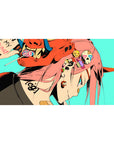 Mouse pad featuring Zero Two design, 40x20 inches, with a punk-inspired, neon-infused style, featuring a fierce oni mask and rebellious piercings for an edgy vibe.
