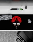 36x16 inches dark anime desk pad, black and blood-red moon palette with crisp white accents.