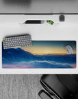 Tranquil 32x12 mouse pad featuring snow-capped peaks and morning light, perfect for creating a calming atmosphere at your desk