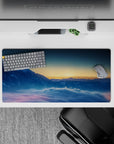 Serene 32x16 mouse pad featuring morning light over snow-capped peaks and a soft blue mist for a peaceful and inspiring workspace