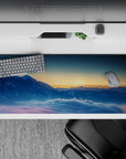 Tranquil 36x16 desk pad featuring a serene morning light over snow-capped peaks and soft mist, creating a peaceful atmosphere for your workspace