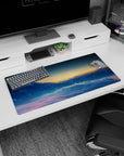 Peaceful 32x16 mouse pad with snow-capped peaks, soft mist, and a warm glowing sky for a tranquil and calming desk environment
