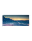 Morning light 28x12 mouse pad with snow-capped peaks and soft blue mist, creating a serene and calming vibe for your desk
