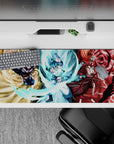 36x16 inches desk pad showcasing All Might, Gogeta, and Ichigo, radiating power and intensity from My Hero Academia, Dragon Ball Super, and Bleach.