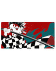 32x16 inch mouse pad featuring Tanjiro Kamado with striking red and teal background from Demon Slayer