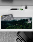 32x12 inches mouse pad with misty forest, blending green hills and fog for a peaceful, natural workspace vibe.