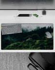 32x16 inches mouse pad with misty forest, blending green hills and fog for a calming, peaceful desk design.