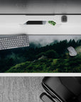 36x16 inches mouse pad with misty forest design, blending green hills and fog for a calming, tranquil workspace.