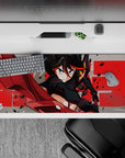 36x16 inches anime girl mouse pad in steel gray with crimson streaks, gritty debris, high-energy vibe.