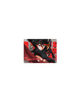 14x10 inches anime girl mouse pad with black-haired heroine, red scissor blade, gray debris, bold red text.