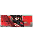 32x12 inches anime girl mouse pad with black-haired heroine, red scissor blade, and street-poster typography.
