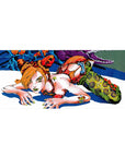 Desk pad with Jolyne Cujoh from JoJo’s Bizarre Adventure: Stone Ocean, 36x16 inches, highlighting her daring pose and iconic outfit colors.