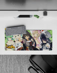 28x12 inches anime girl desk mat in bright green, mint hair and sky-blue bonnet, cozy cute vibe.