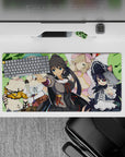 32x16 inches anime girl mouse pad on bright green backdrop, bold color pops, cozy kawaii squad vibe.