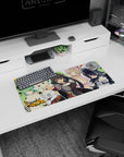 28x12 inches anime girl mouse pad showing dark-haired leader reaching forward with four friends on green.