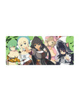 28x12 inches anime girl mouse pad with five cute girls, cat-ear maid, ribbons, curls, bold clean line art.