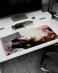 Artistic 36x16 inches mouse pad featuring smoke and shadows design, with a black mask and red eyes amidst swirling white smoke for a haunting effect.