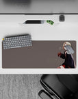 Moody lo-fi vibe anime girl mouse pad 32x12 inches in soft gray, warm reds, and crisp clean linework.