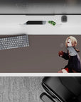 Soft moody anime desk pad 36x16 inches in gray tones with warm red accents, cozy late-night vibe.