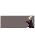 Anime girl mouse pad 32x12 inches with blonde bob, red eyes, dark hoodie, red plaid skirt on gray background.
