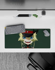 28x12 inches anime girl mouse pad in clean flat colors, bright blue eyes, yellow hair, muted green vibe.